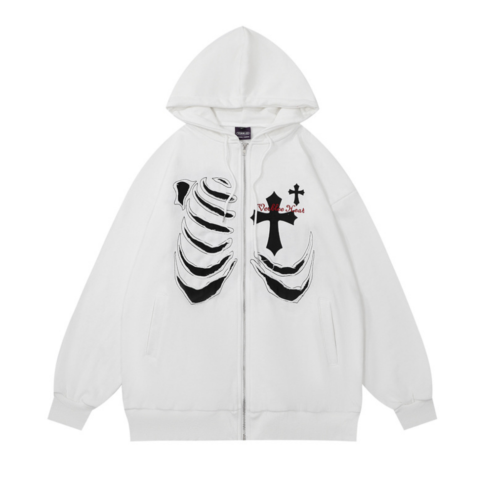Street Skeleton Cross Embroidered Hoodie