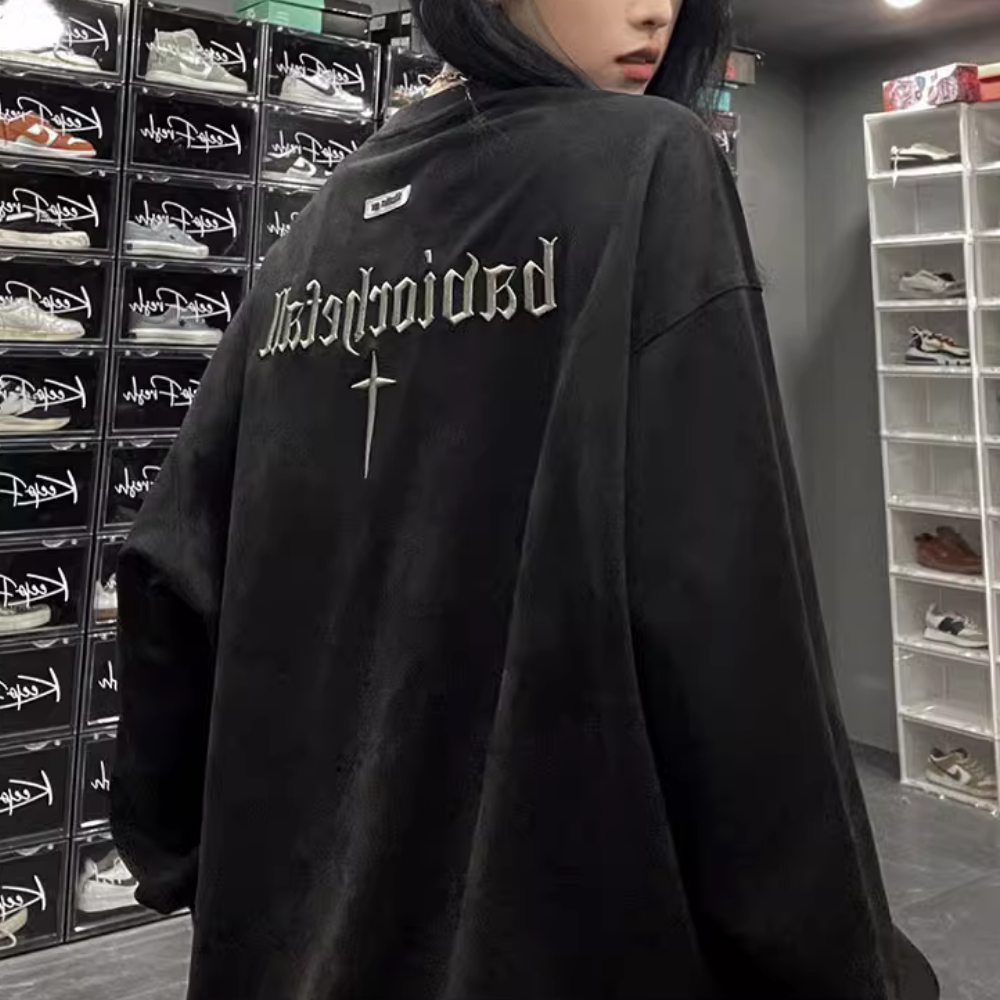 Street Cross Letter Embroidered Suede Sweatshirt