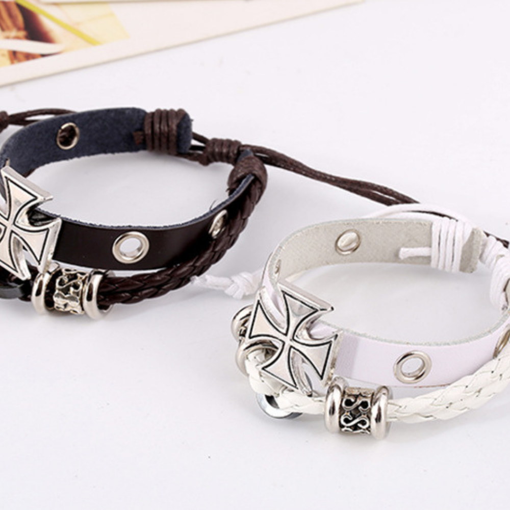Cross Beaded Leather Bracelet