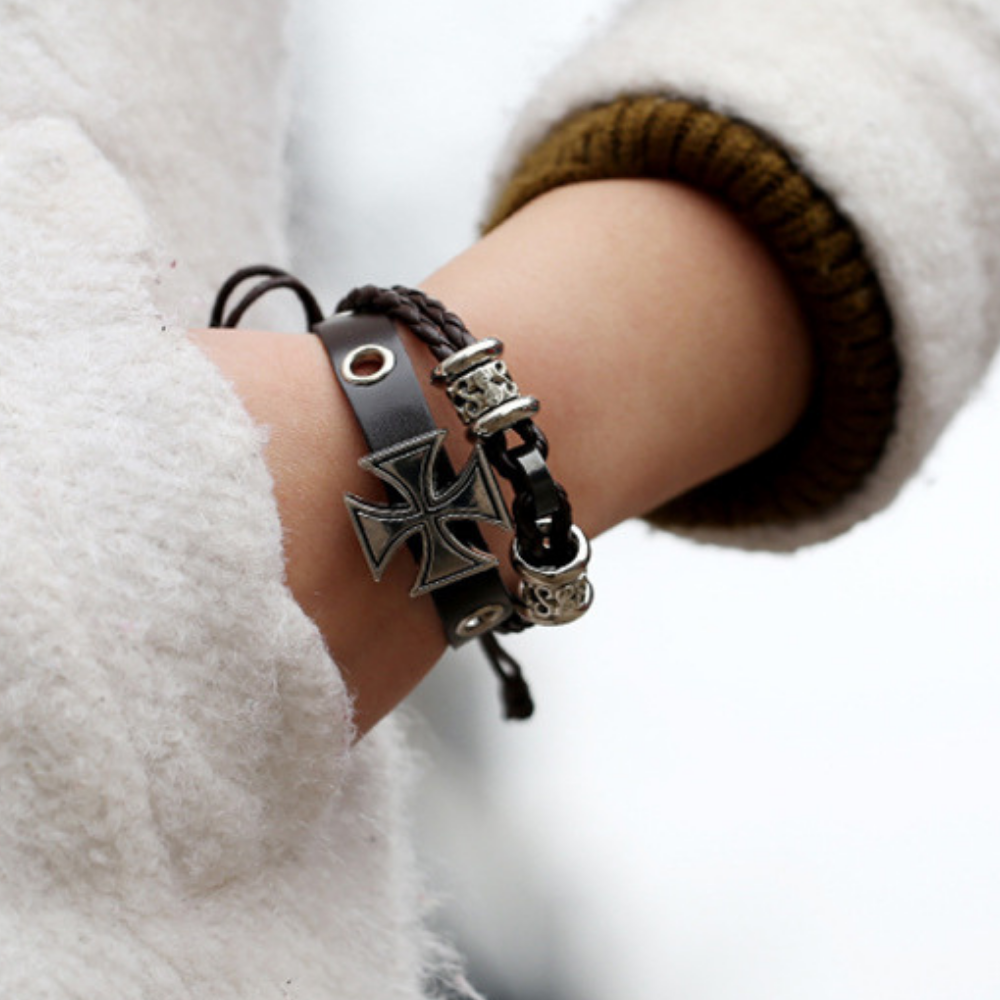 Cross Beaded Leather Bracelet