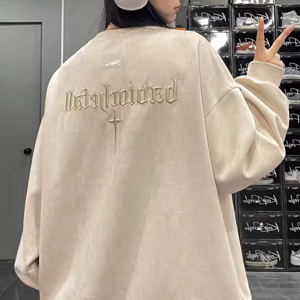 Street Cross Letter Embroidered Suede Sweatshirt