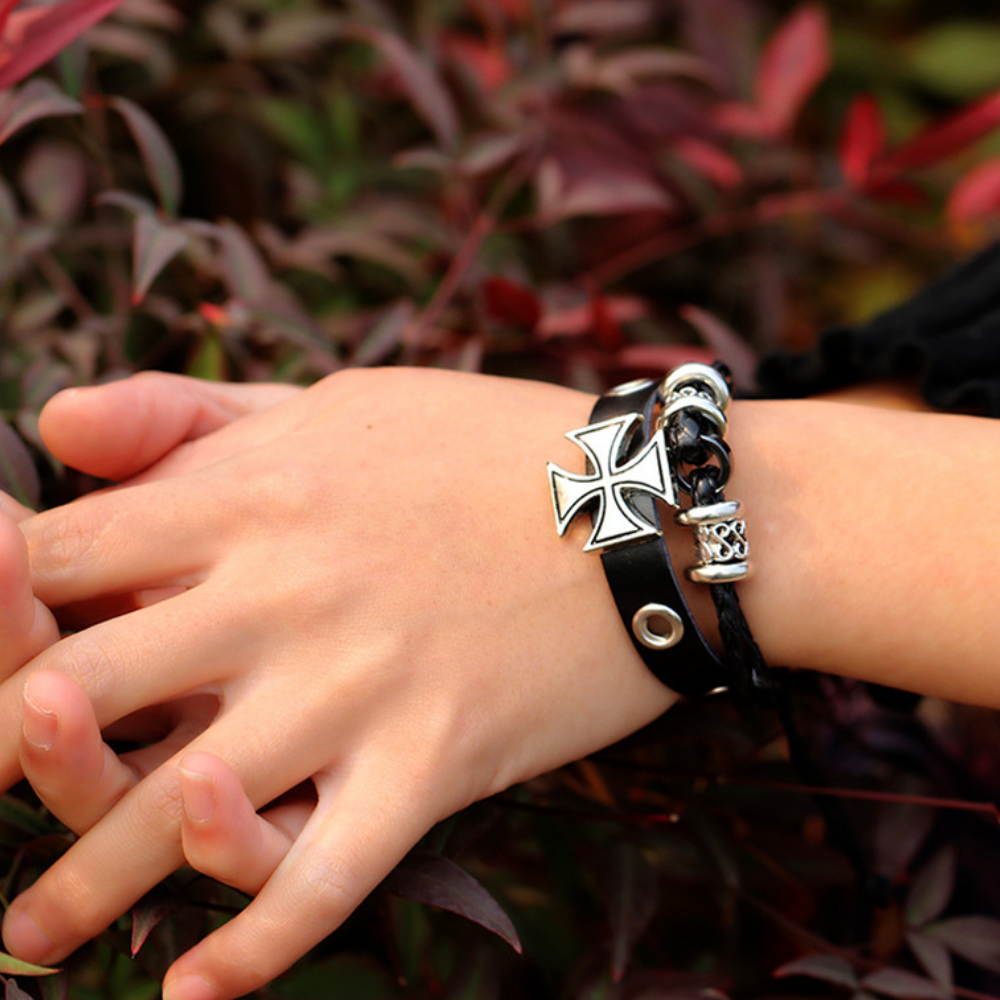 Cross Beaded Leather Bracelet