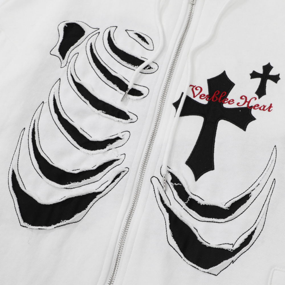 Street Skeleton Cross Embroidered Hoodie