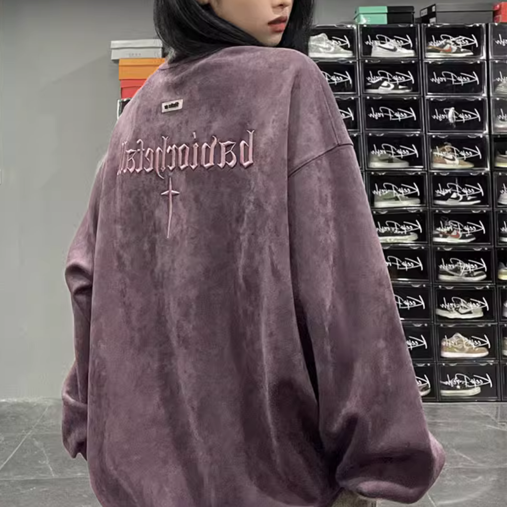 Street Cross Letter Embroidered Suede Sweatshirt