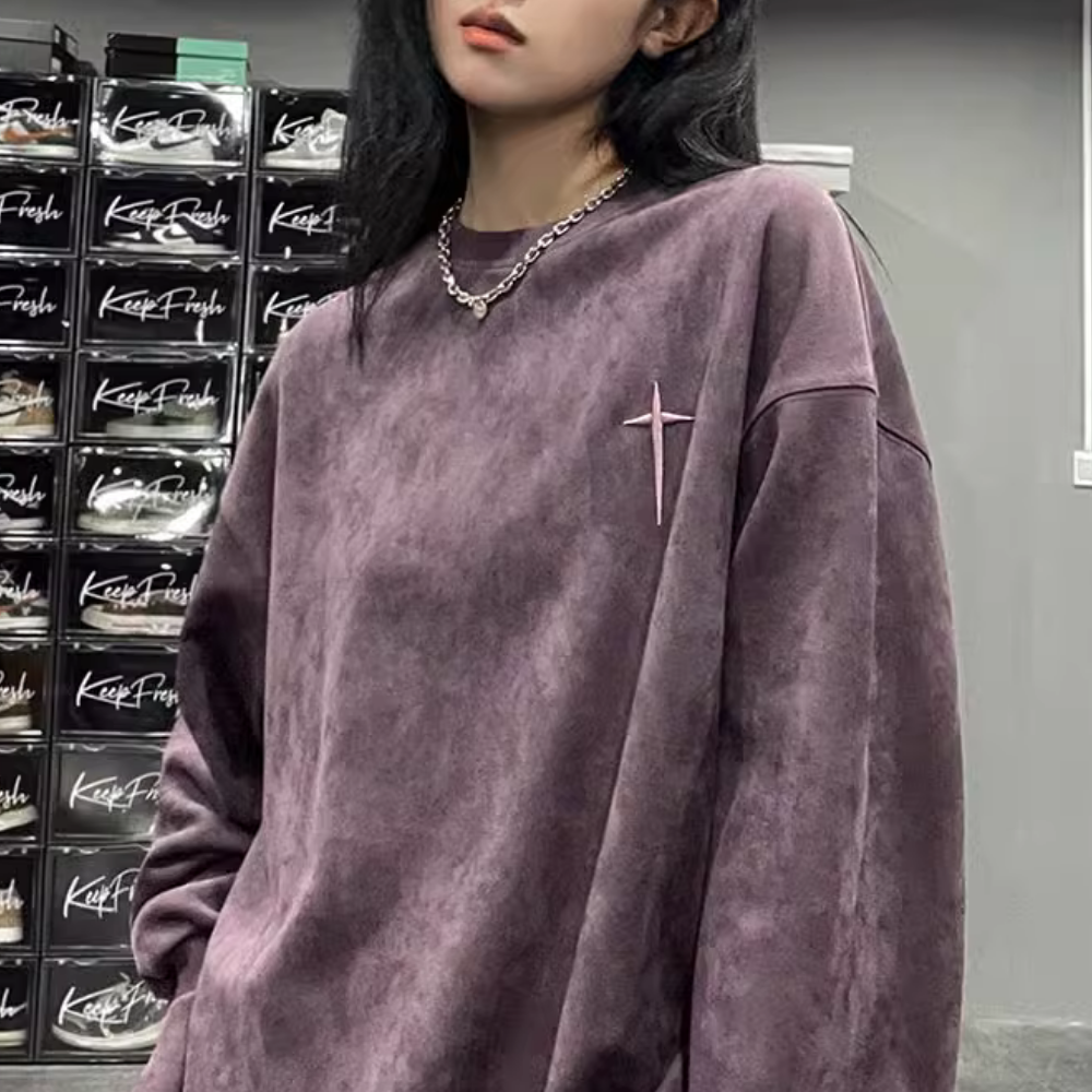 Street Cross Letter Embroidered Suede Sweatshirt