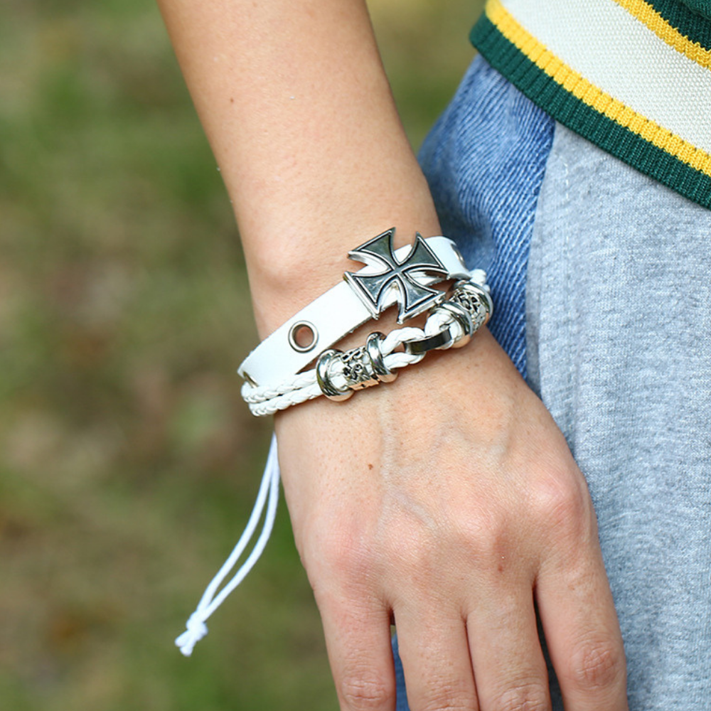 Cross Beaded Leather Bracelet