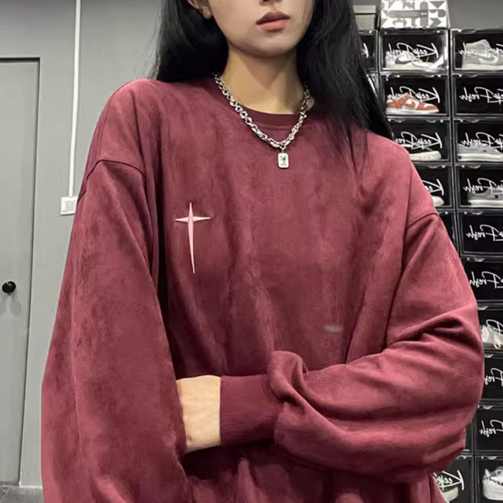 Street Cross Letter Embroidered Suede Sweatshirt