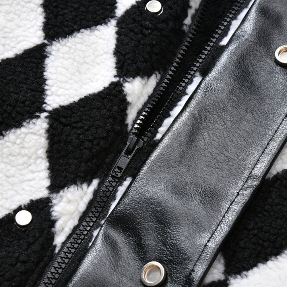 【NOW TREND】Plaid Leather Button Sherpa Coat
