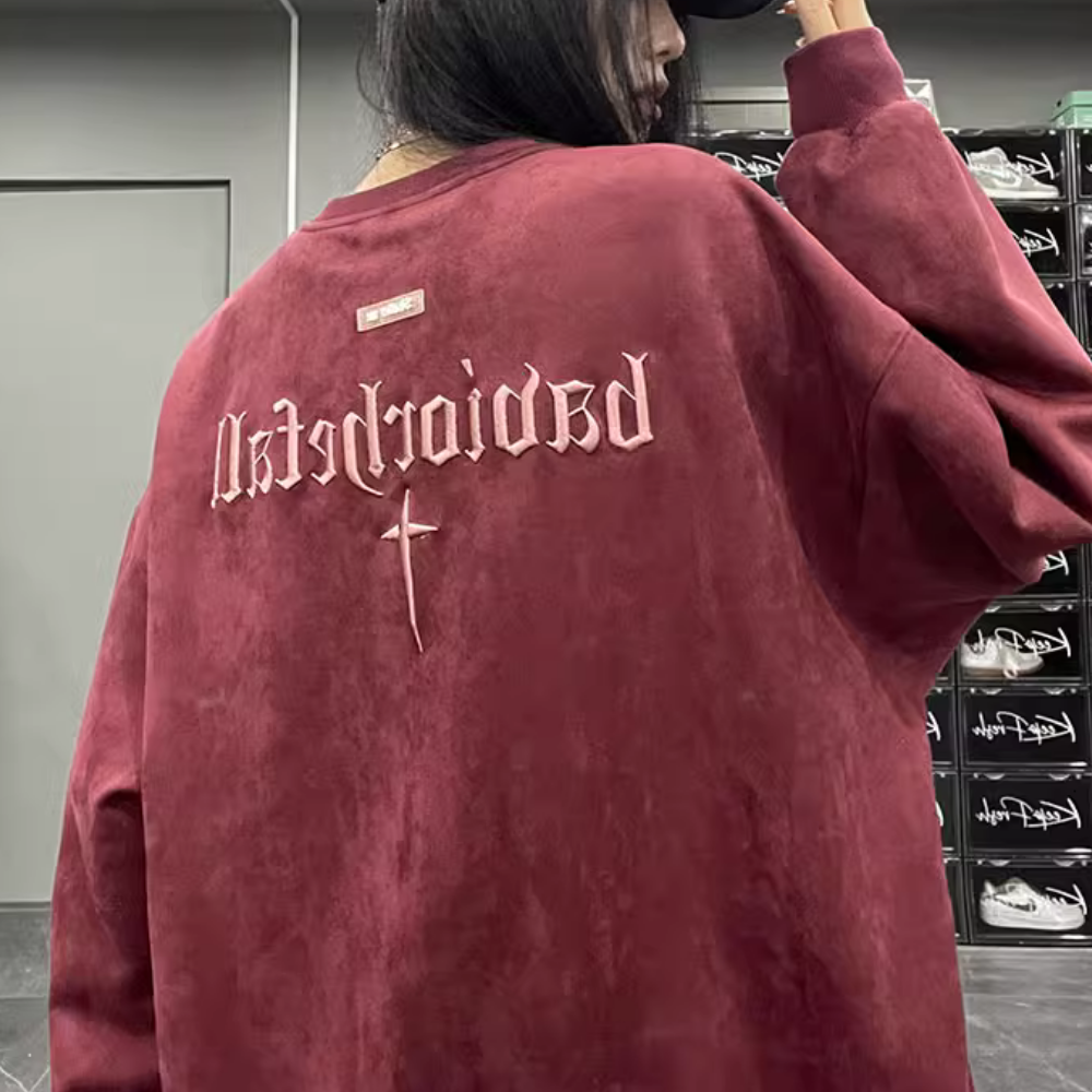 Street Cross Letter Embroidered Suede Sweatshirt