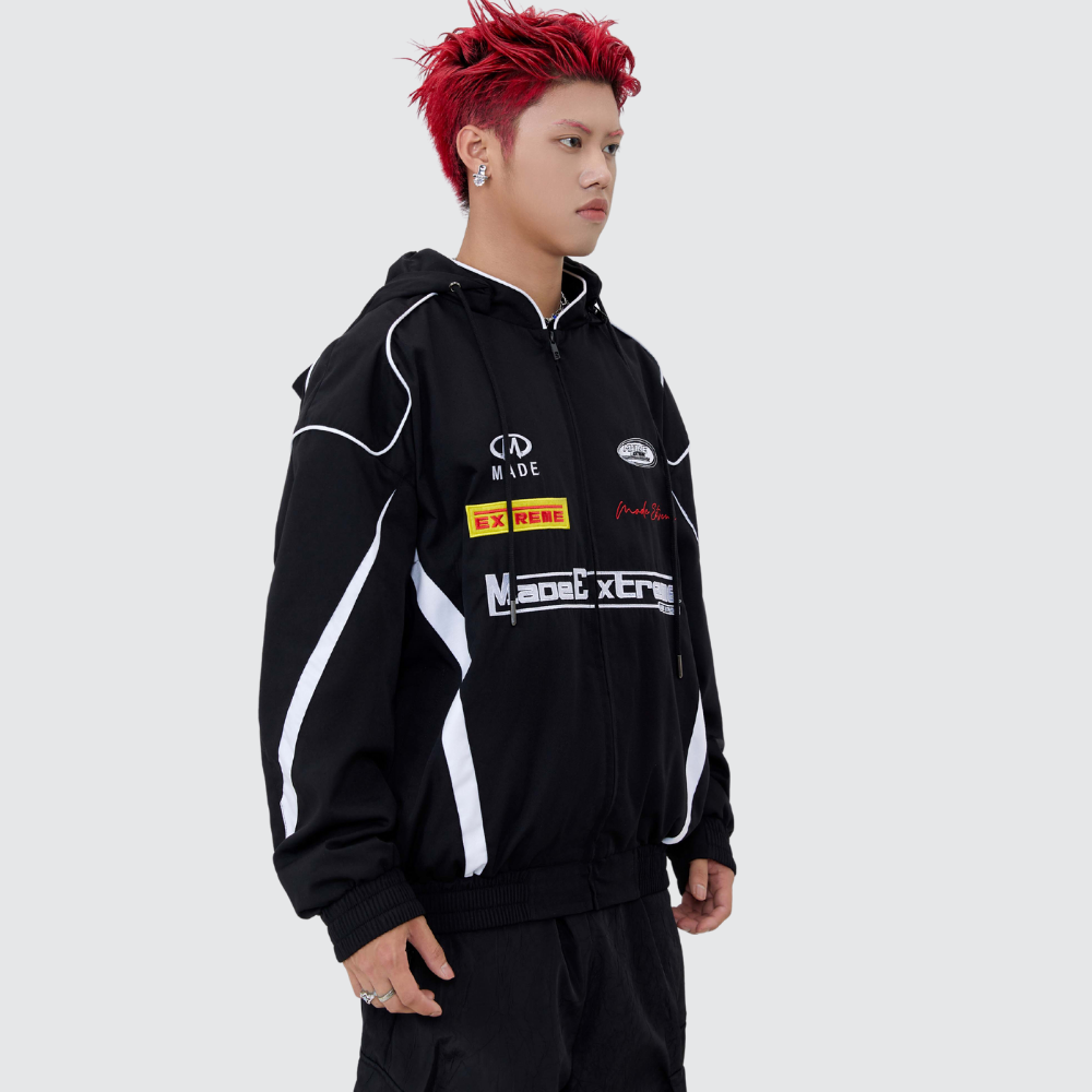 Motorcycle Style Hooded Embroidery Jacket