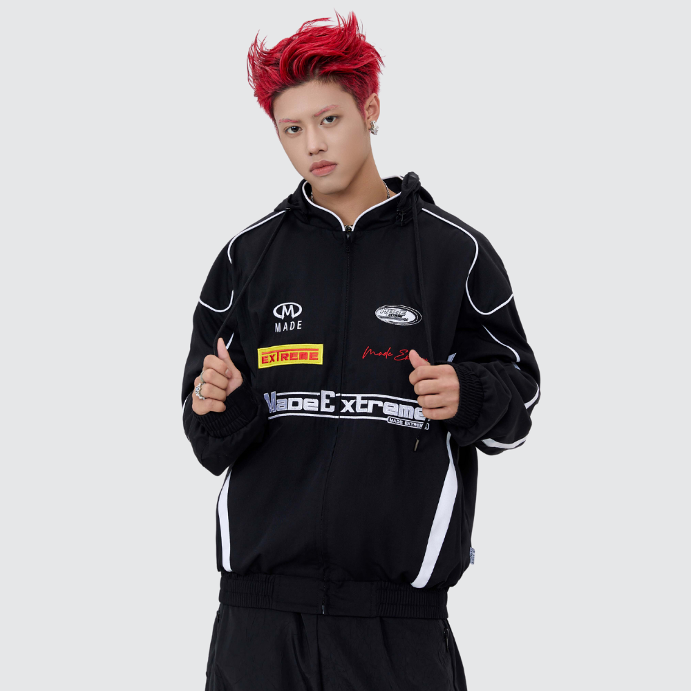 Motorcycle Style Hooded Embroidery Jacket