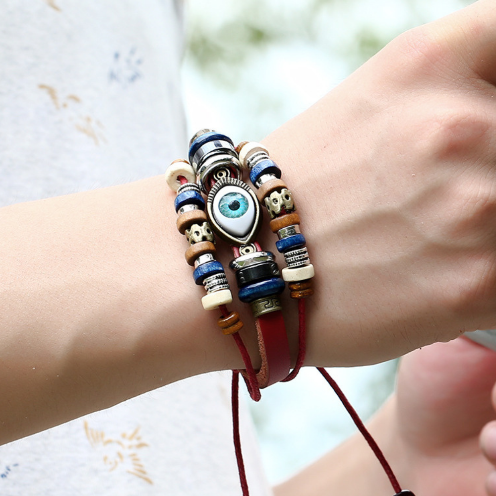 Dark Beaded Eyes Couple Leather Bracelet
