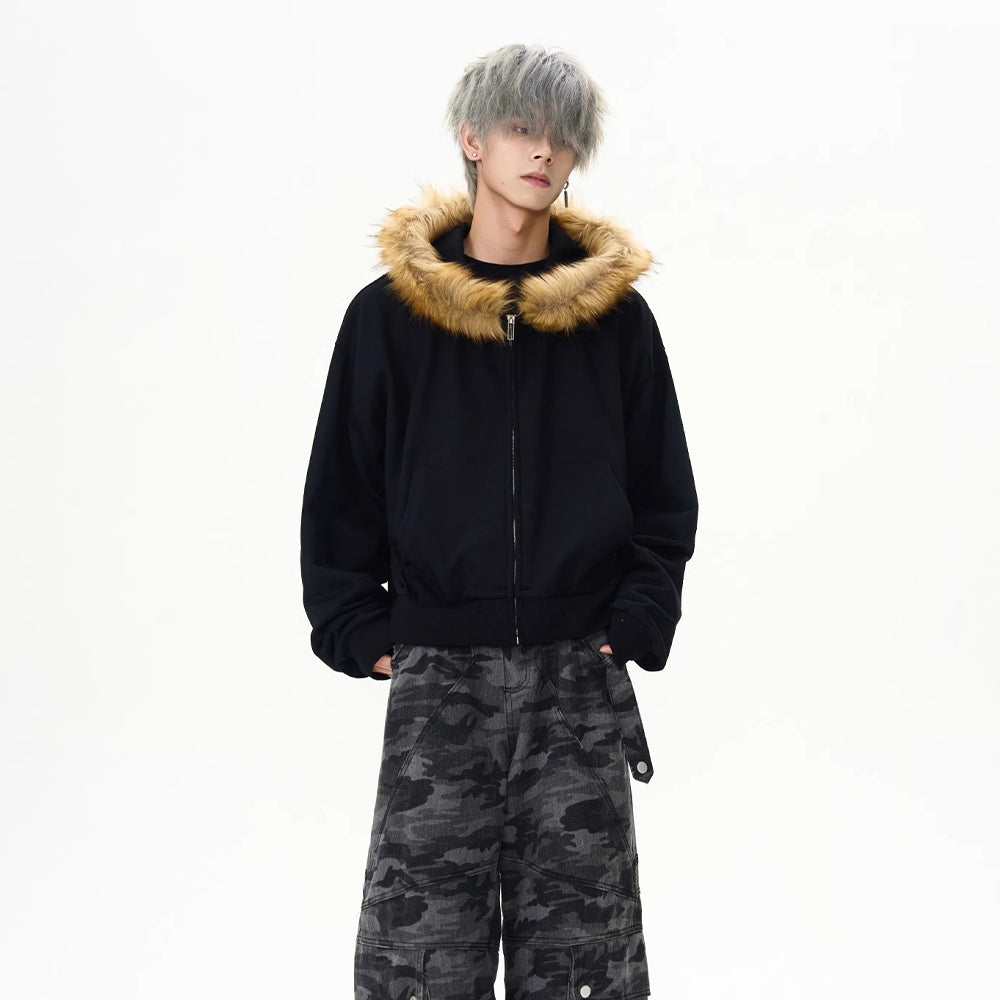 Fur Collar Zip-up Cardigan With Hood Jacket
