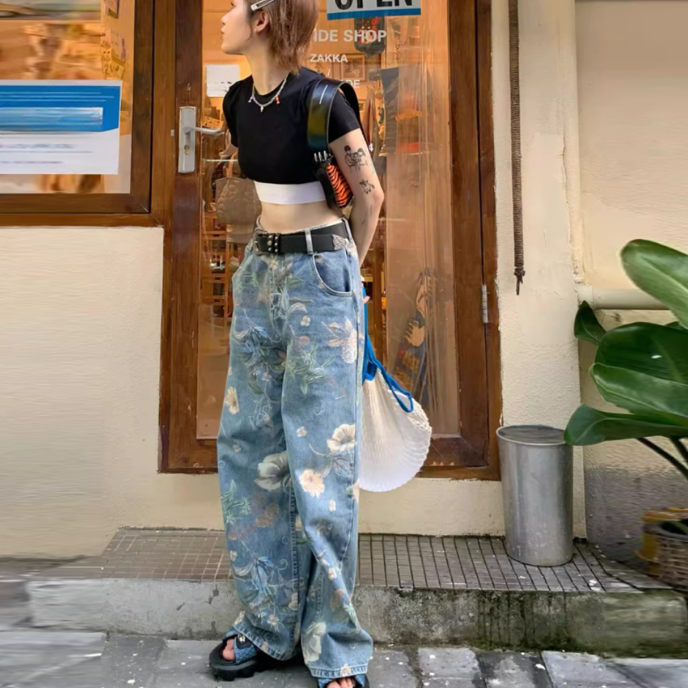 High Street Floral Print Wide Leg Jeans