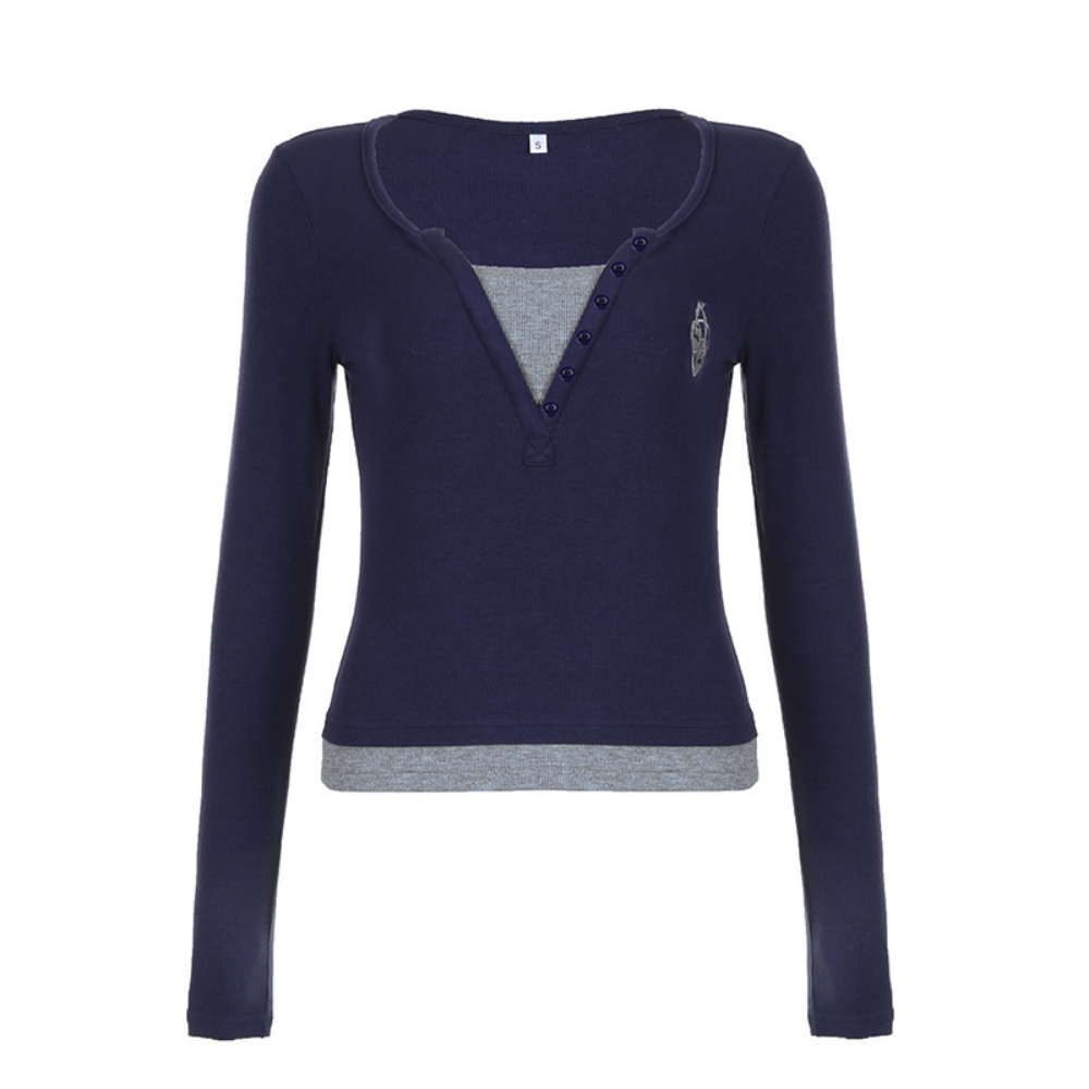 Women's Classic Fake Two Piece Long Sleeve
