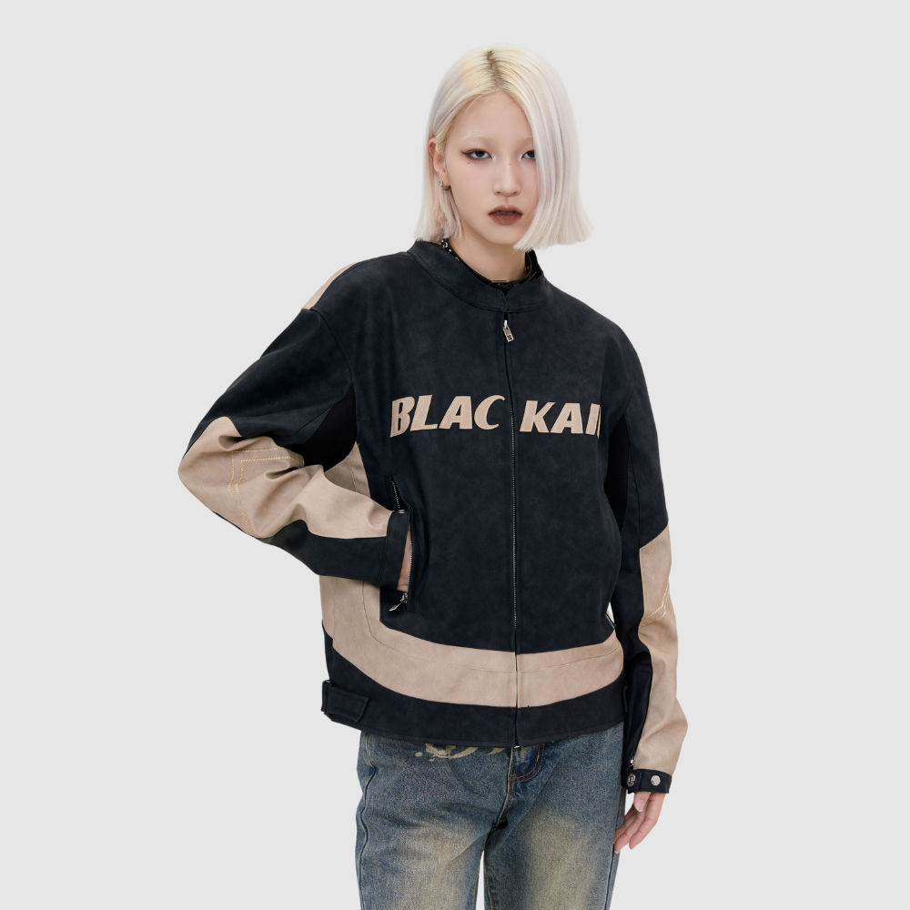 Motorcycle Style Stand collar PU stitching Jacket