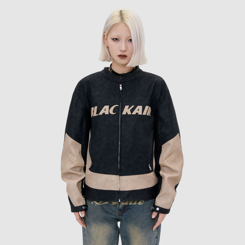 Motorcycle Style Stand collar PU stitching Jacket