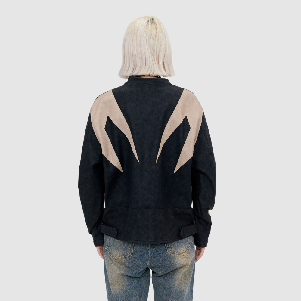 Motorcycle Style Stand collar PU stitching Jacket