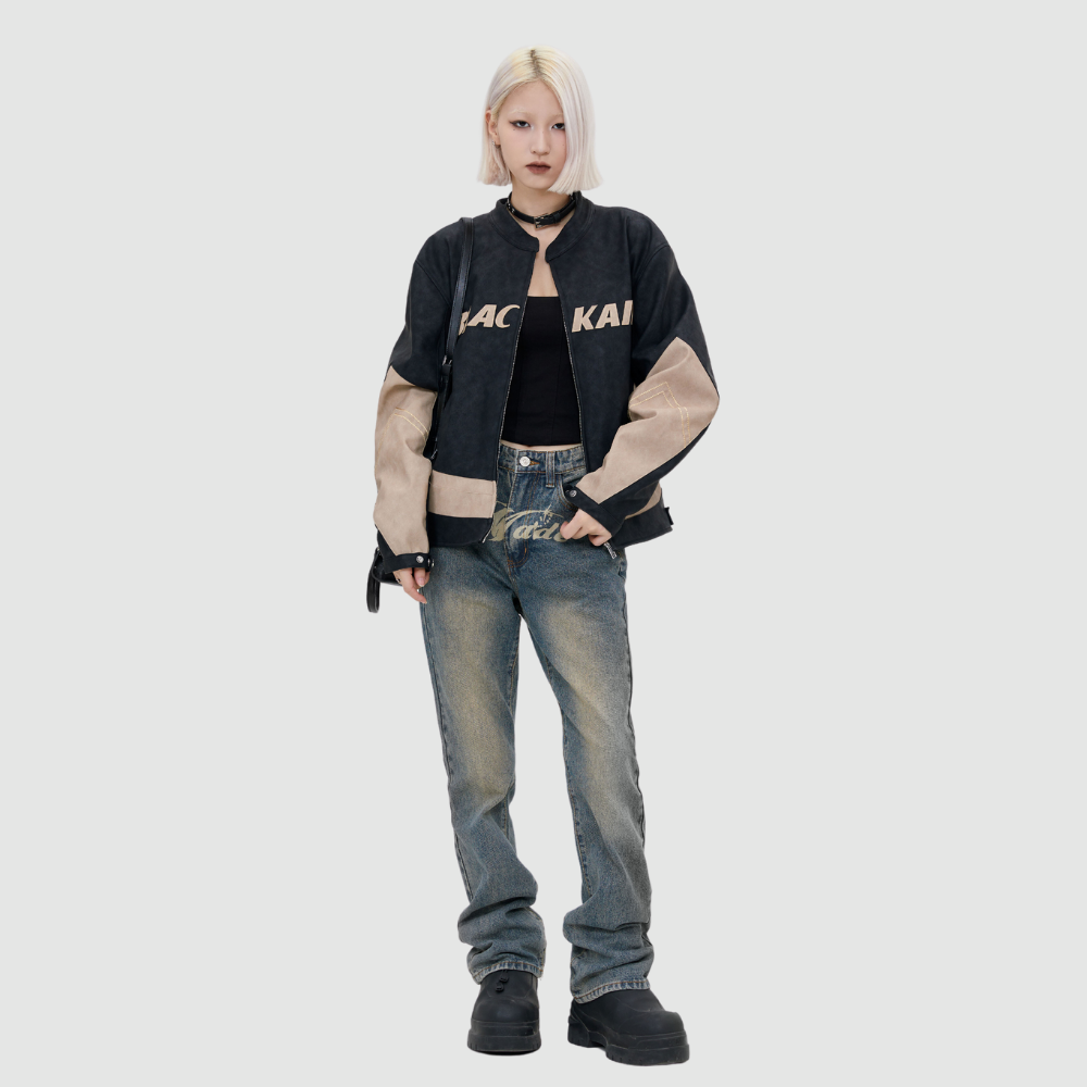 Motorcycle Style Stand collar PU stitching Jacket