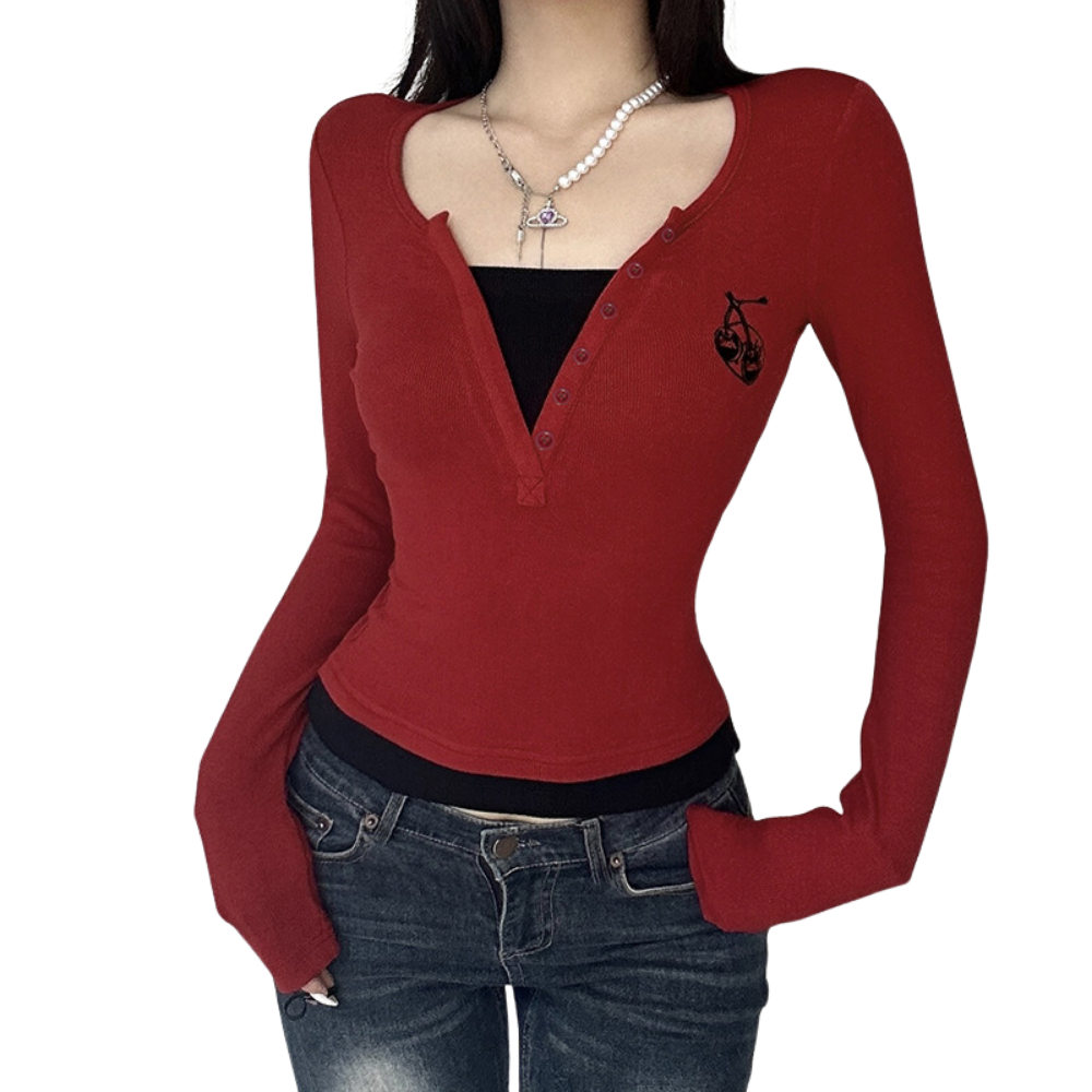 Women's Classic Fake Two Piece Long Sleeve