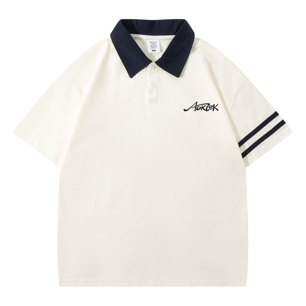 AOKLOK Drop Shoulder Parallel Bars Lapel Polo Shirt