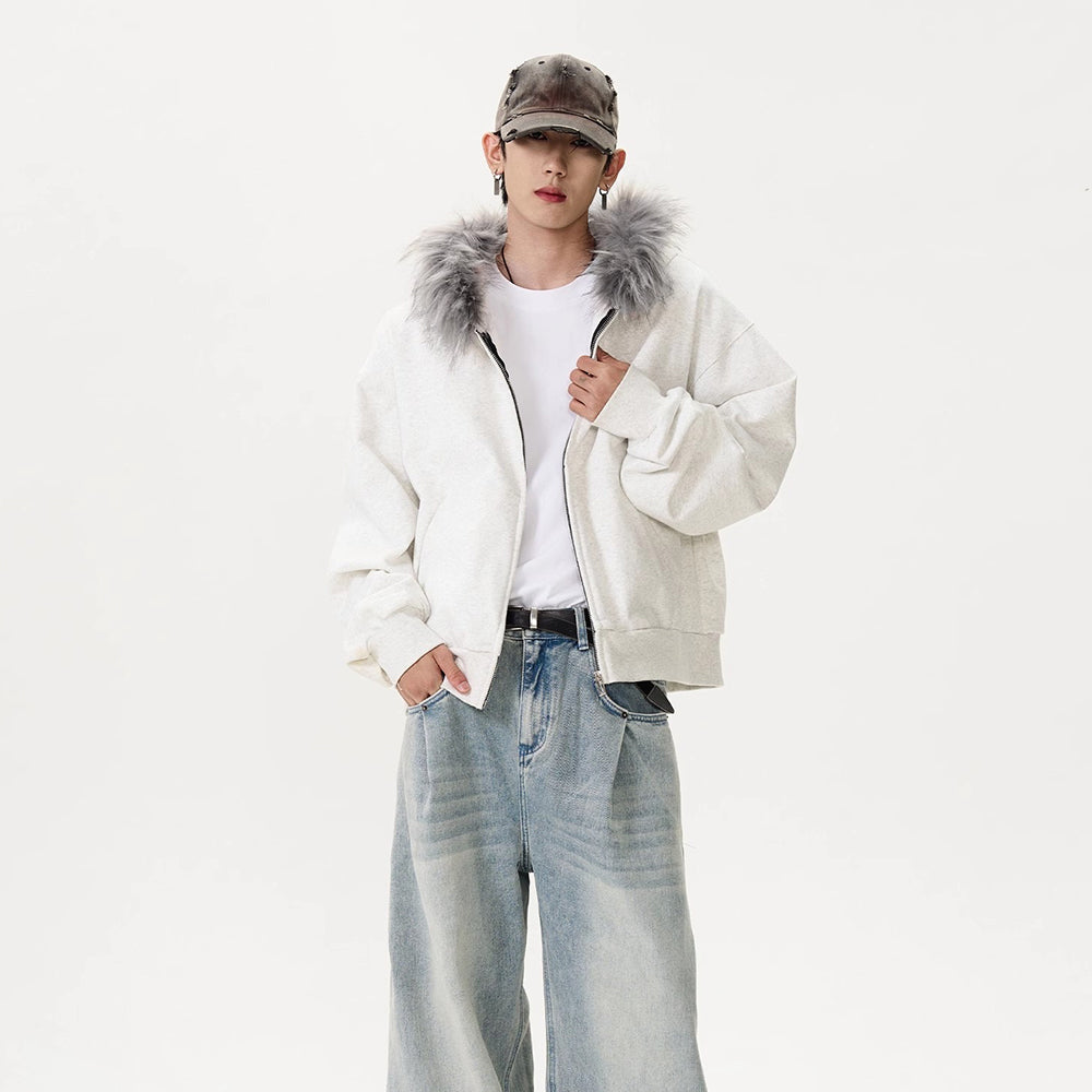 Fur Collar Zip-up Cardigan With Hood Jacket
