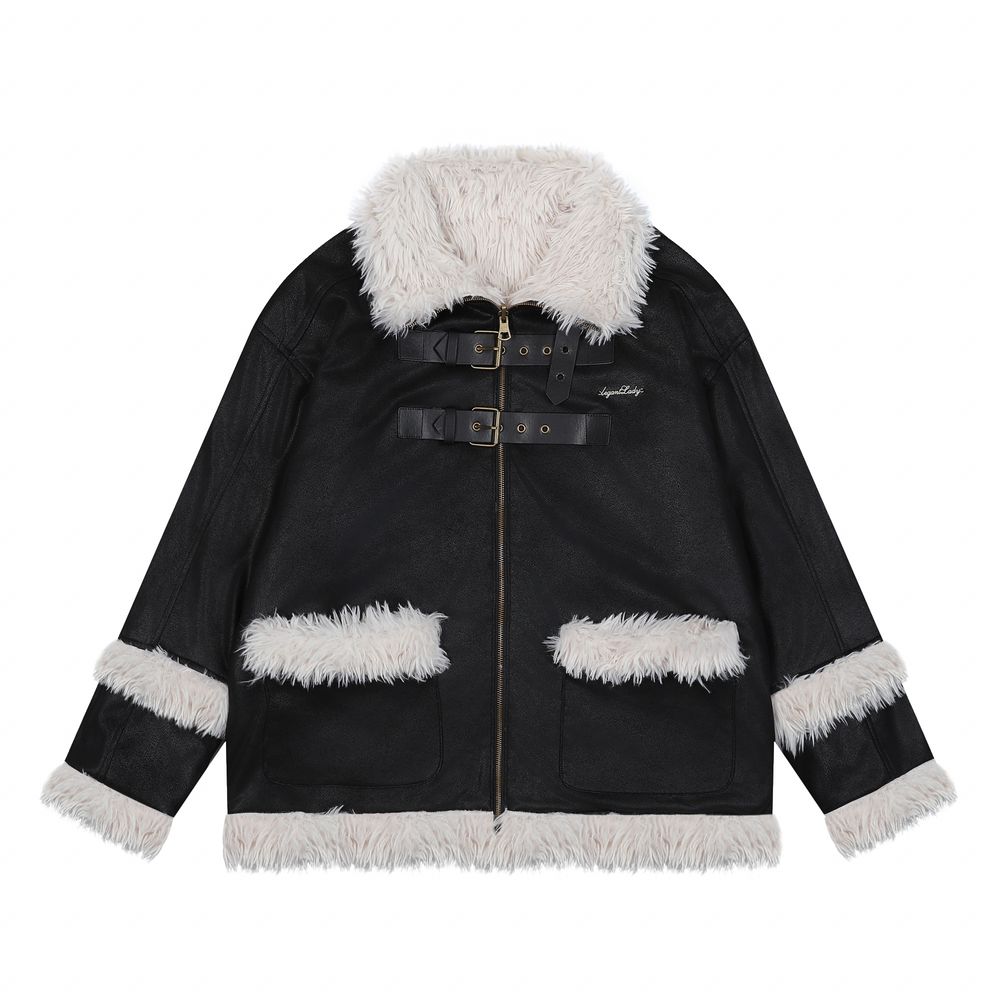 【NOW TREND】Leather Button Zip Fur Collar Coat