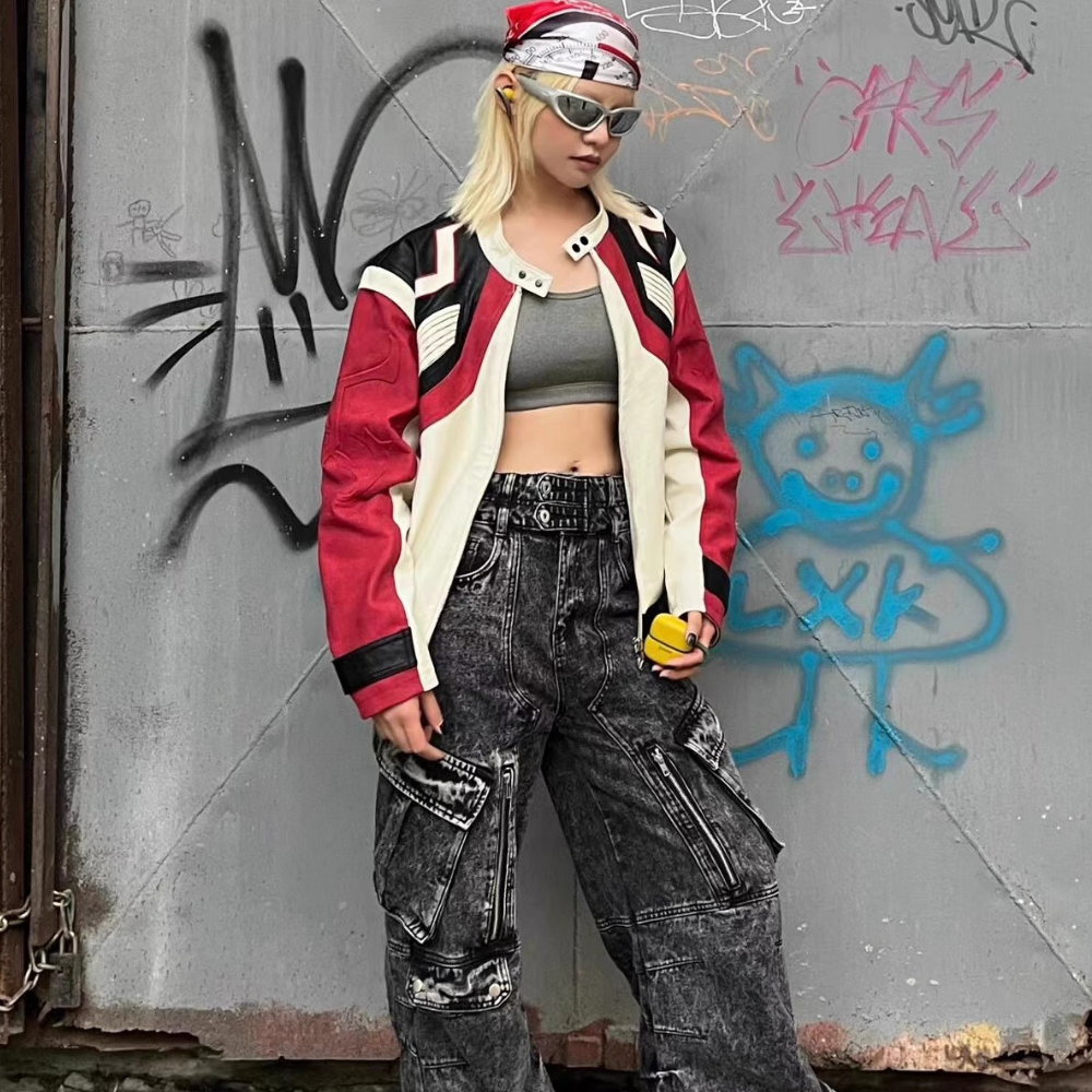 Hiphop Heavy Color Block Leather Jacket