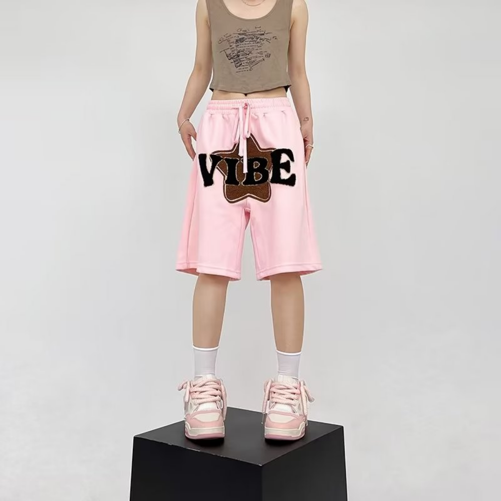 Casual Alphabet Star Flocked Cotton Shorts