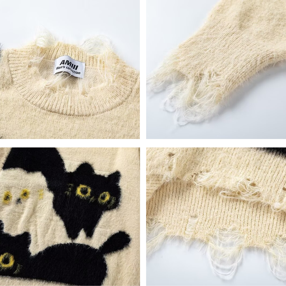 OOC' Cute Cat Pattern Ripped Knitted Sweater