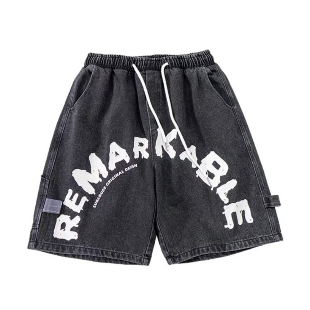 Street Loose Letter Print Denim Shorts