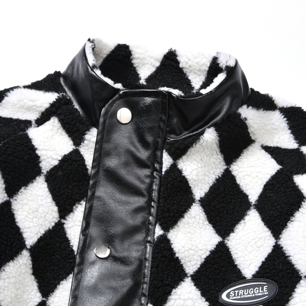 【NOW TREND】Plaid Leather Button Sherpa Coat