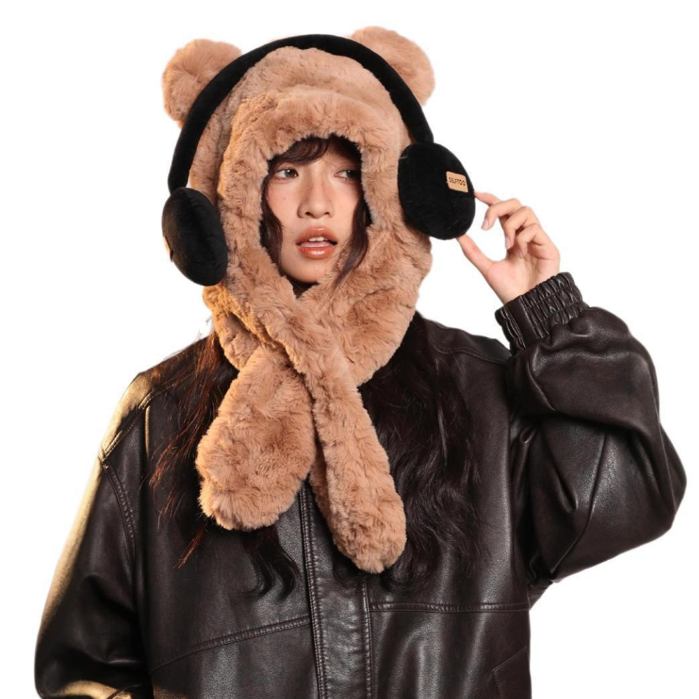 Headphones Bear Scarf Plush Hat