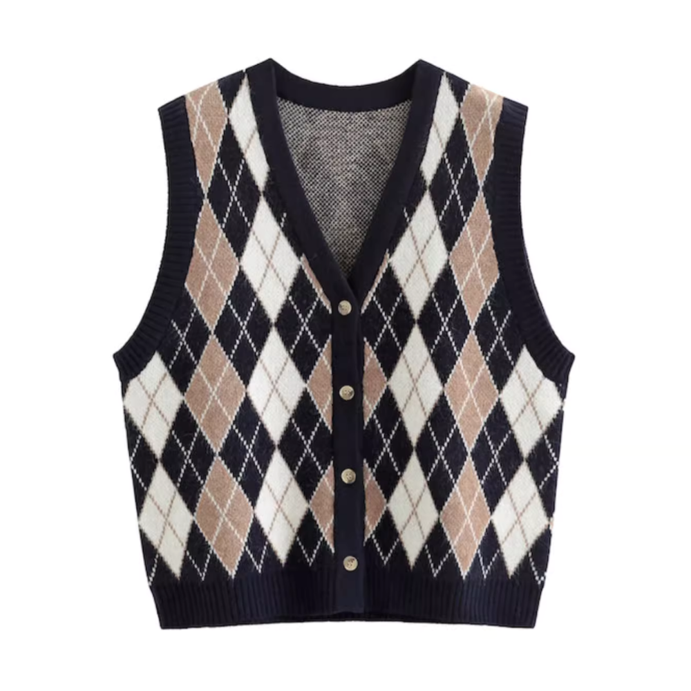 Vintage Diamond Check Cardigan Knitted Vest
