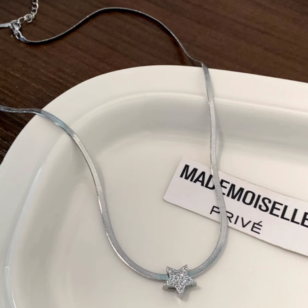 Sparkling Diamond Pentagram Snake Bone Necklace