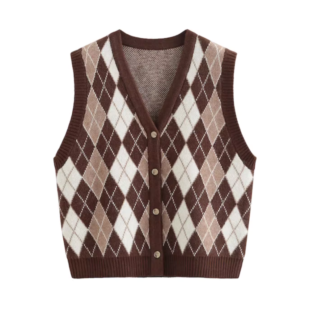 Vintage Diamond Check Cardigan Knitted Vest