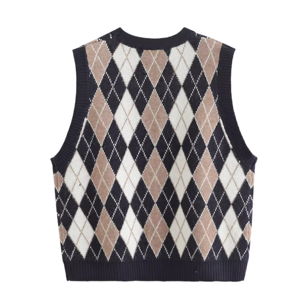 Vintage Diamond Check Cardigan Knitted Vest