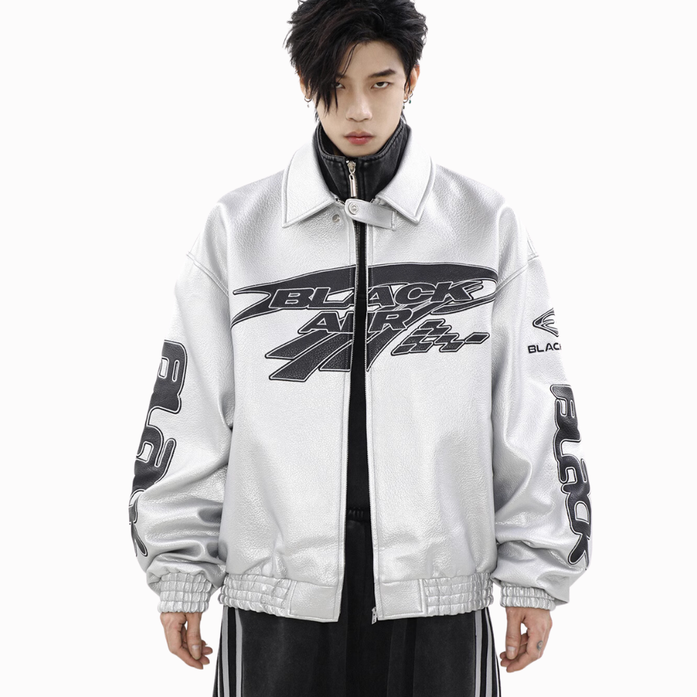 Trendy Embroidered Lychee Leather Jacket