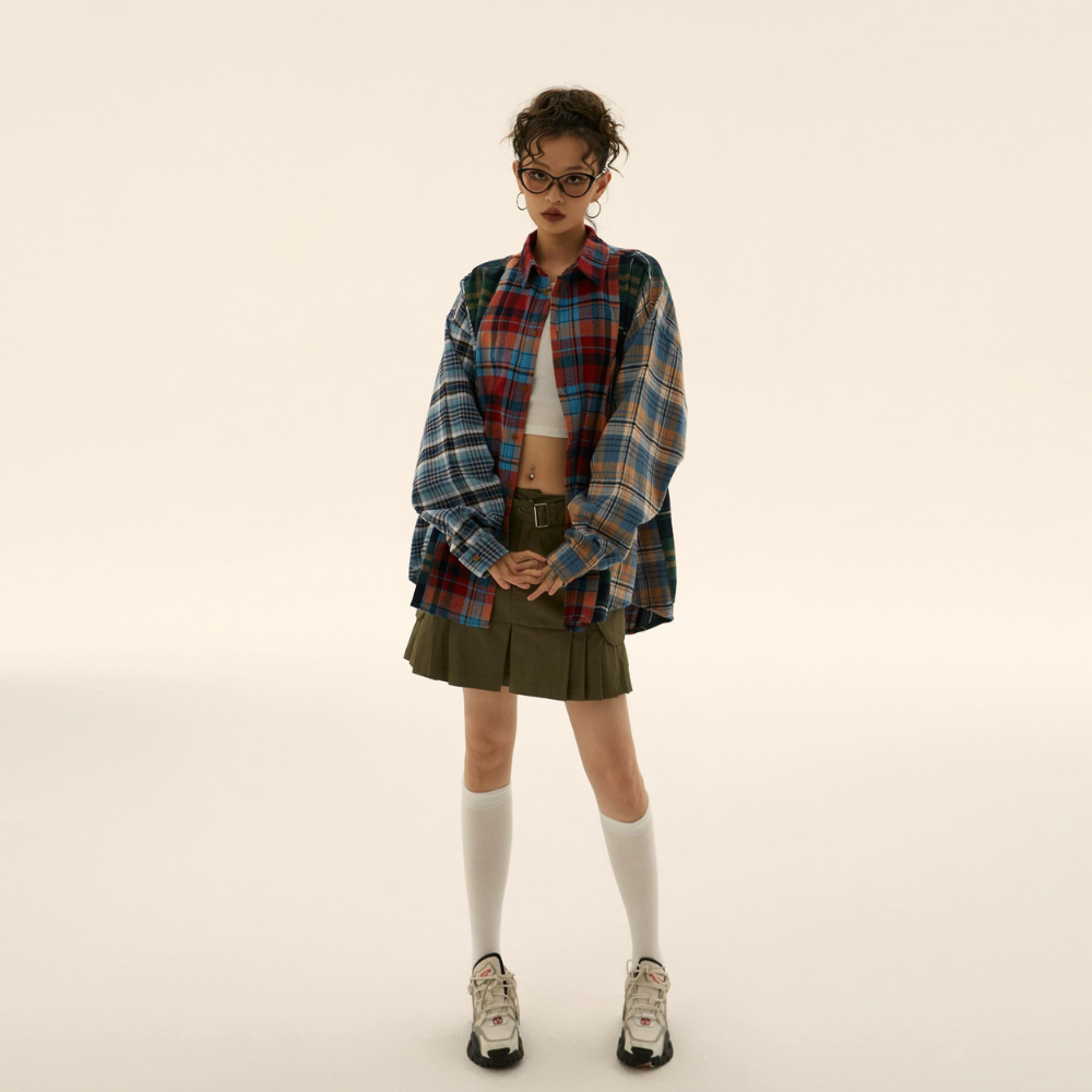 Retro Stitching Plaid Long Sleeves Shirt