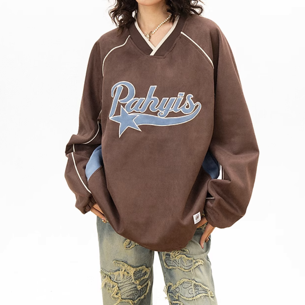 Japanese Suede Color Block Patch Sweatshirt