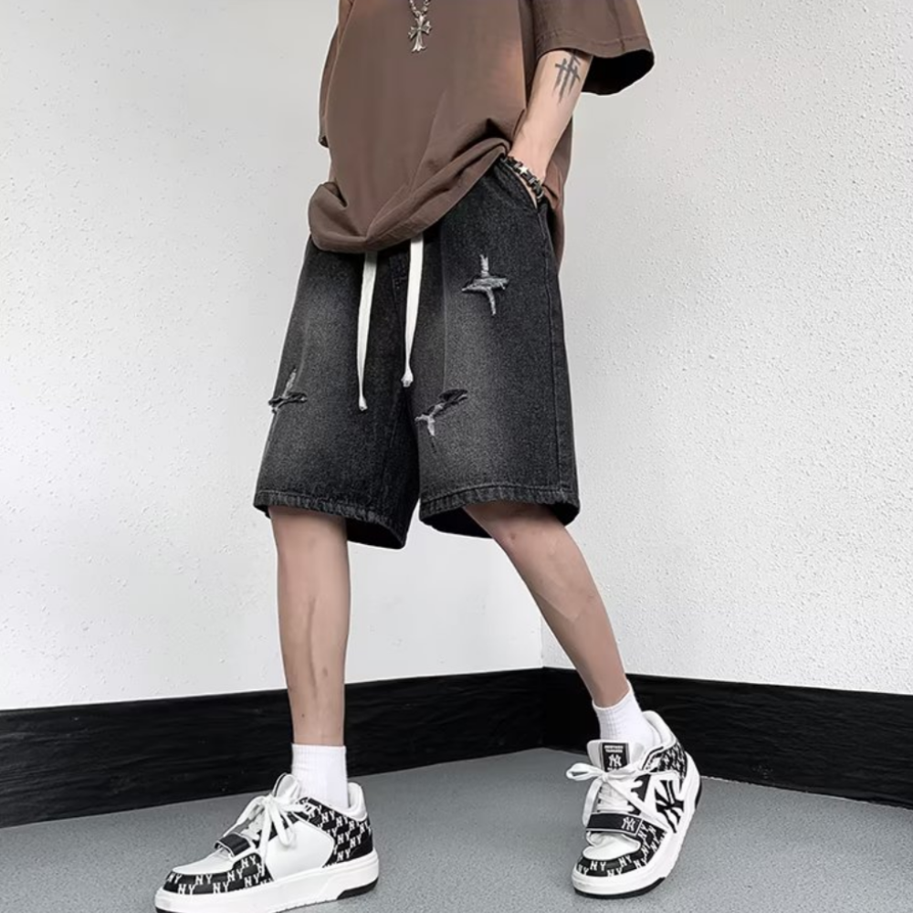 Star Patchwork Distressed Denim Shorts