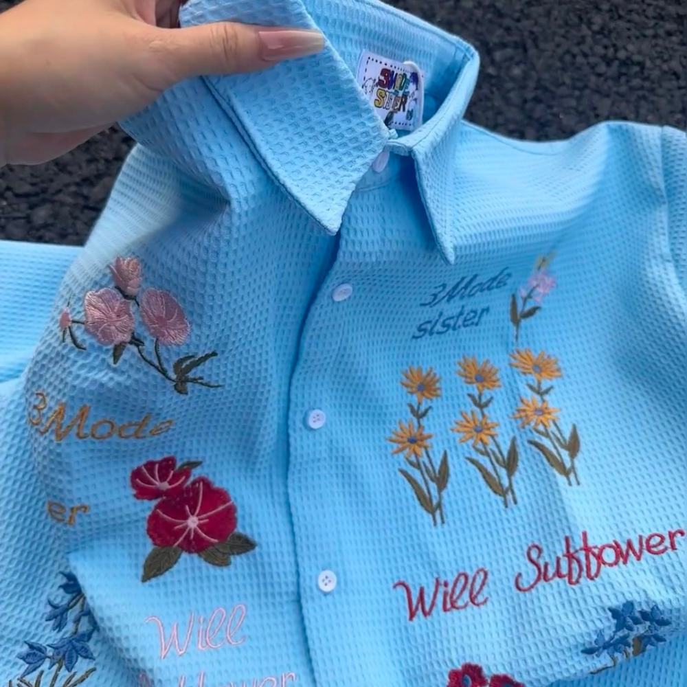 Retro Waffle Colored Floral Embroidered Shirt