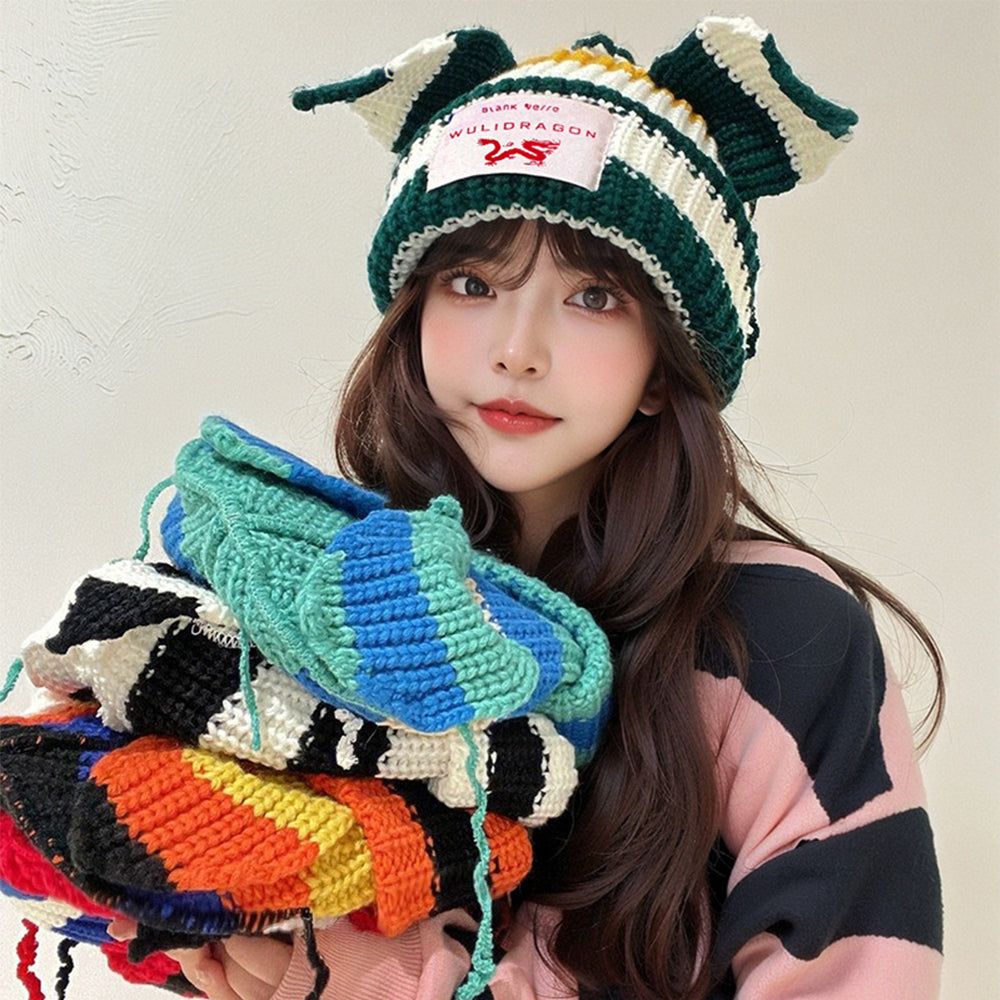 High Street Contrast Color Cat Knitted Beanie