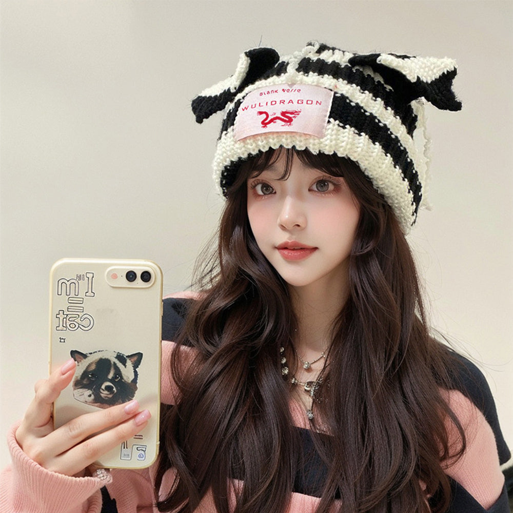 High Street Contrast Color Cat Knitted Beanie