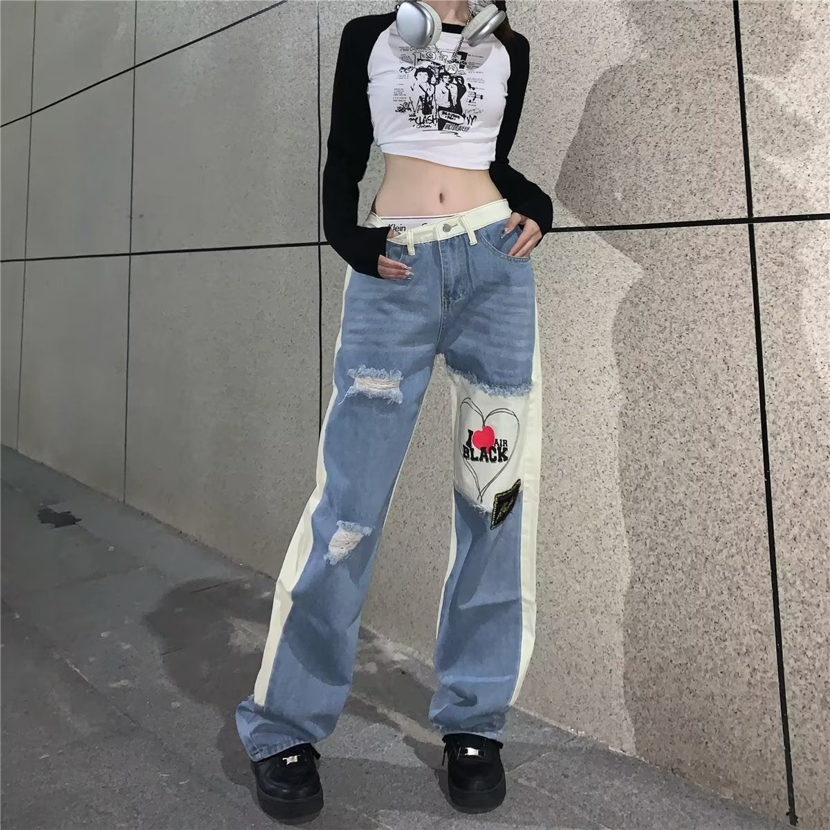 Street Love Patchwork Straight Leg Jeans