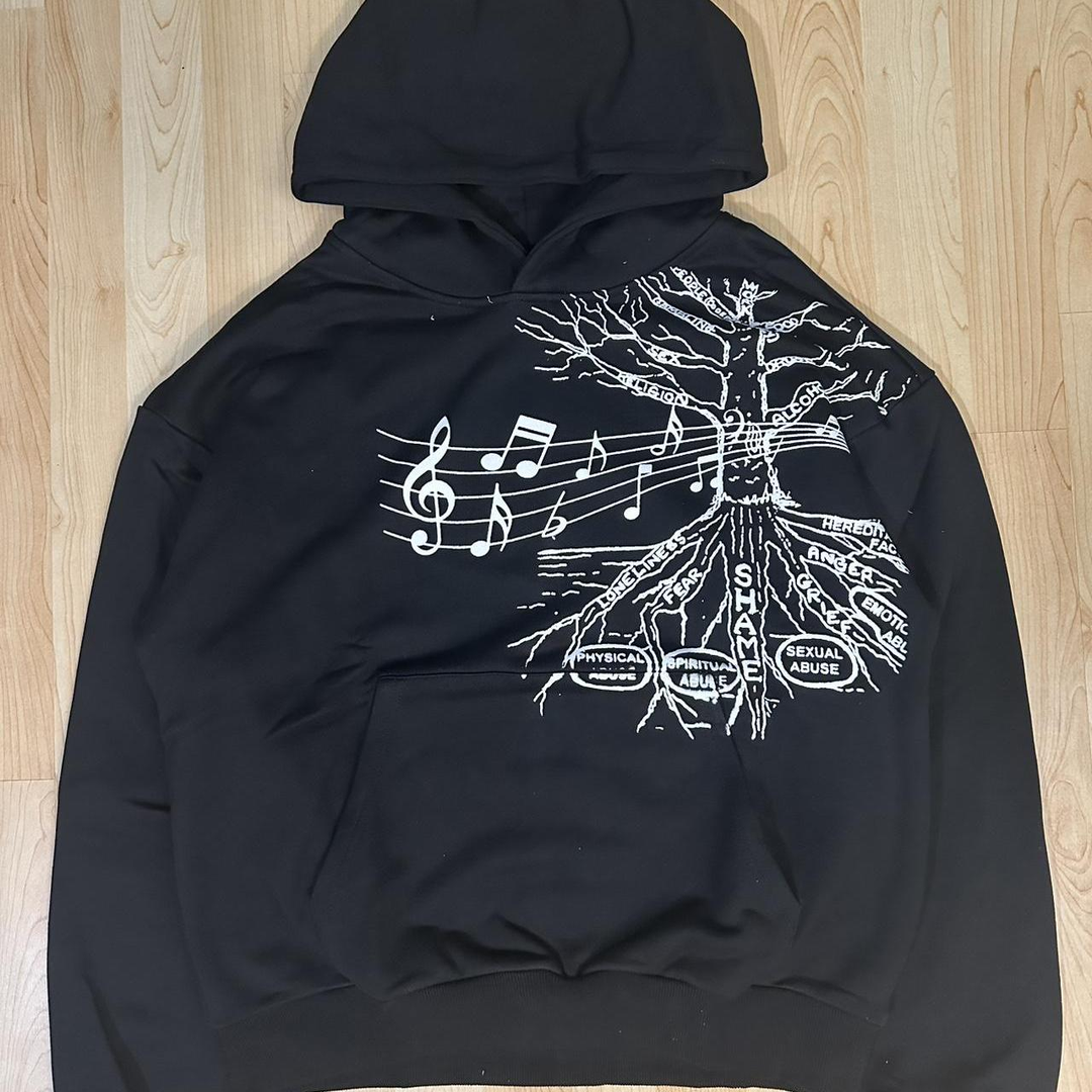 Unseen Echoes “Roots of Noise” Hoodie — Black Tree Graphic Print