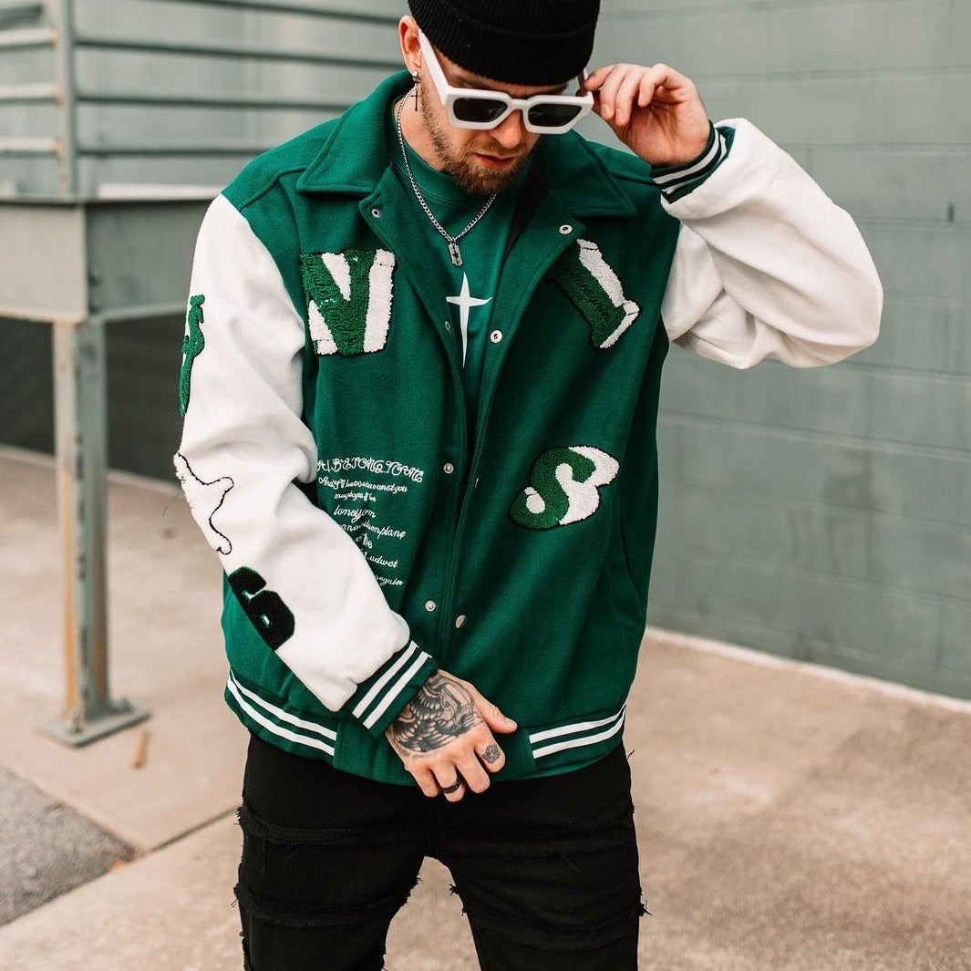 Street Skeleton Embroidery Varsity Jacket