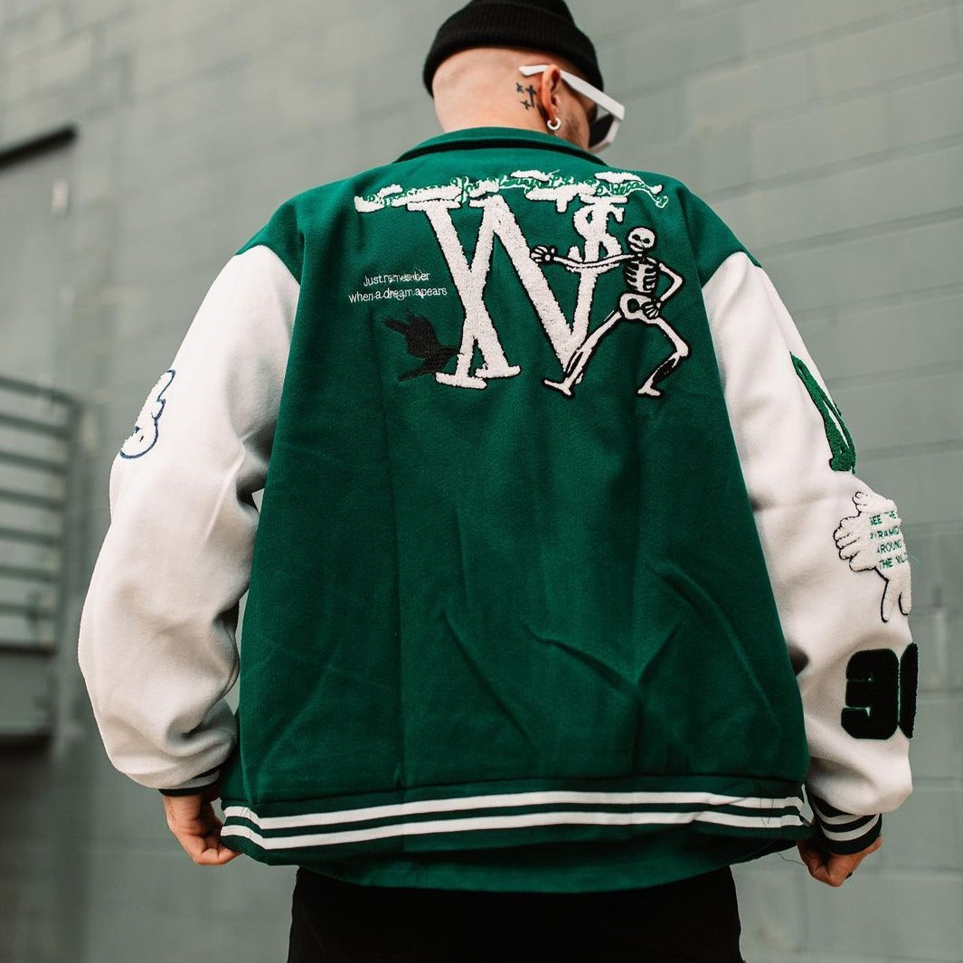 Street Skeleton Embroidery Varsity Jacket