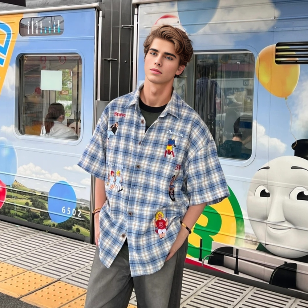 Cartoon Embroidered Plaid Shirt