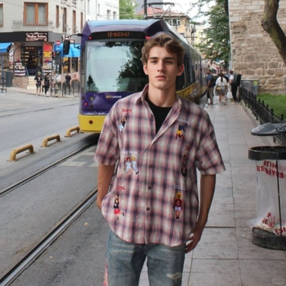 Cartoon Embroidered Plaid Shirt